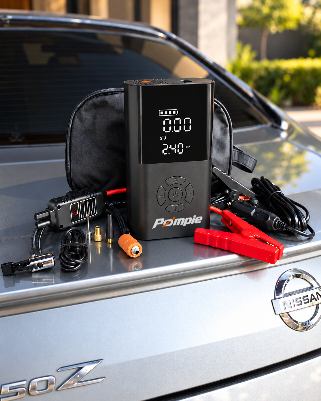 Pompie 4-in-1 jump starter and tyre inflator kit with included accessories